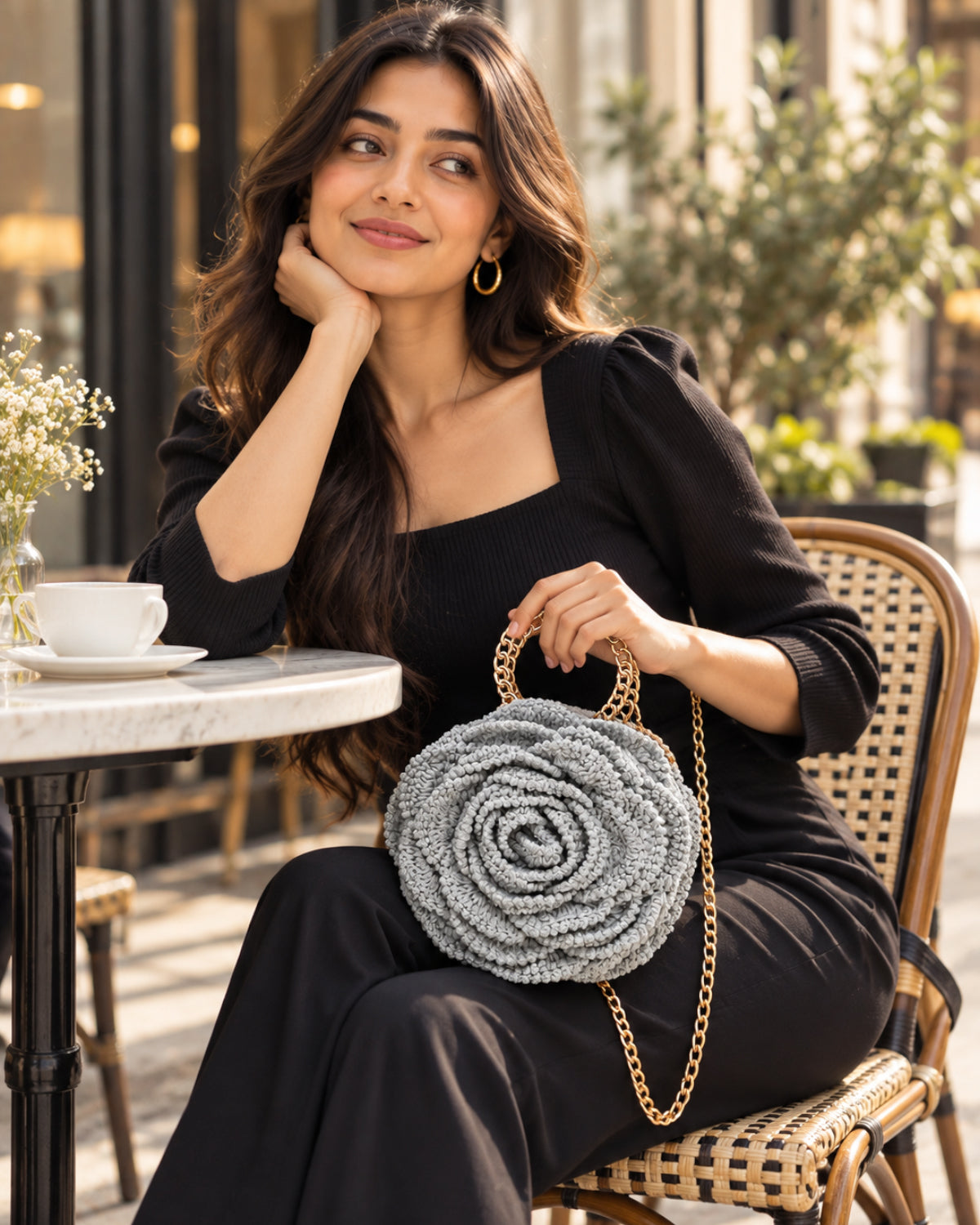 3D Rose Petal Crochet Handbag – Silver Grey