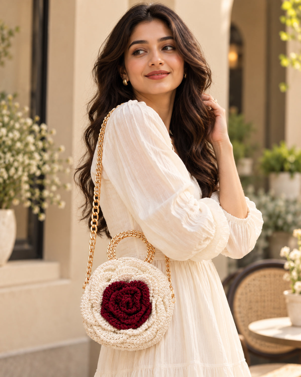 Handmade 3D Floral Clutch - White & Brown Rose