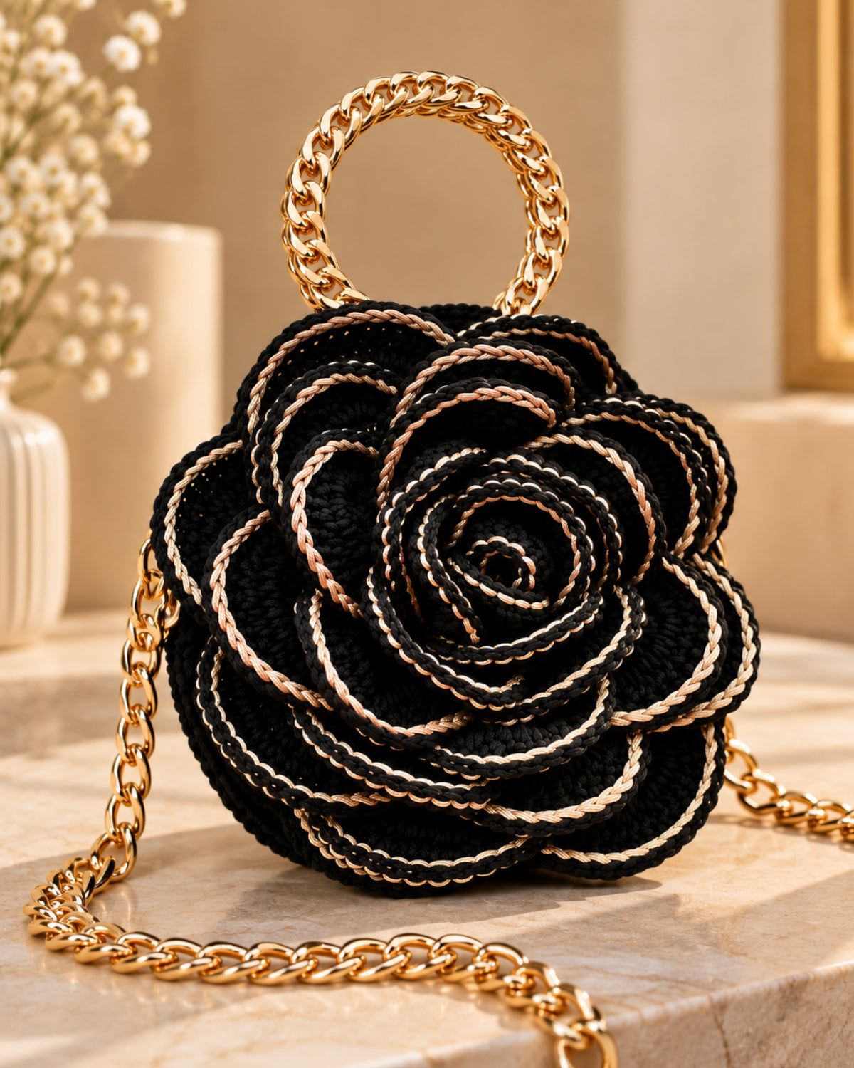 3D Rose Petal Crochet Handbag – Black and Gold