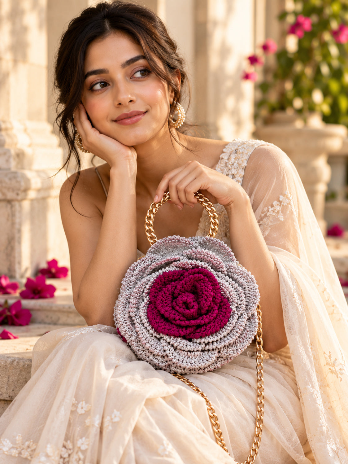 Handmade 3D Floral Clutch - Grey & Pinkish Purple Rose