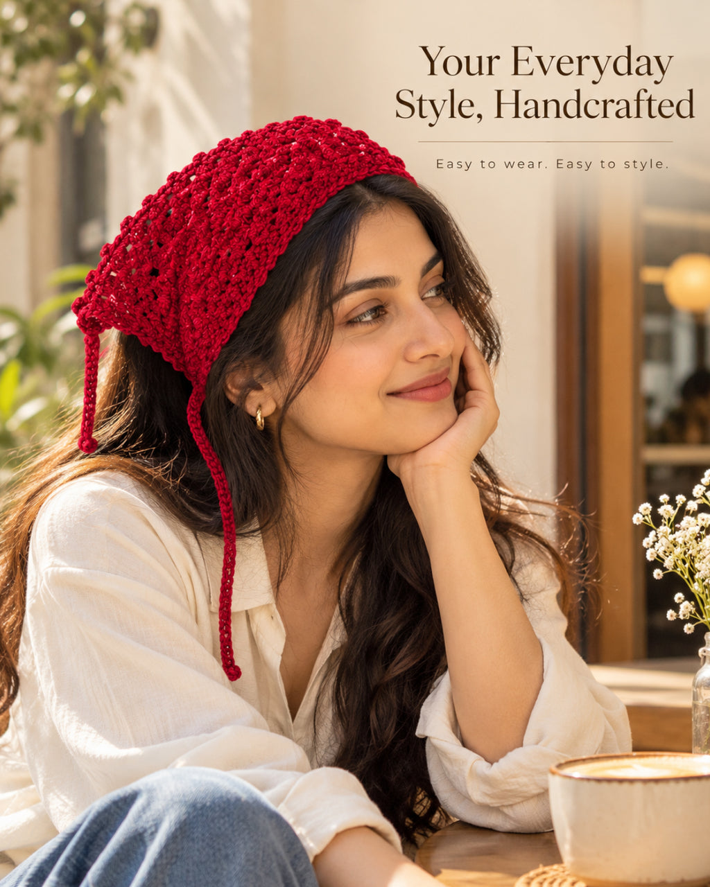 Ruby Red Floral Crochet Bandana – Handcrafted Floral Head Scarf