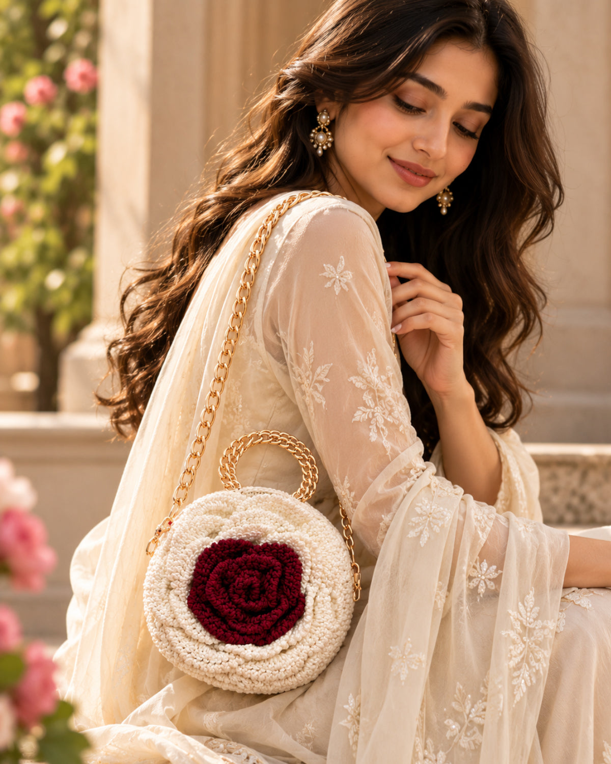 Handmade 3D Floral Clutch - White & Brown Rose