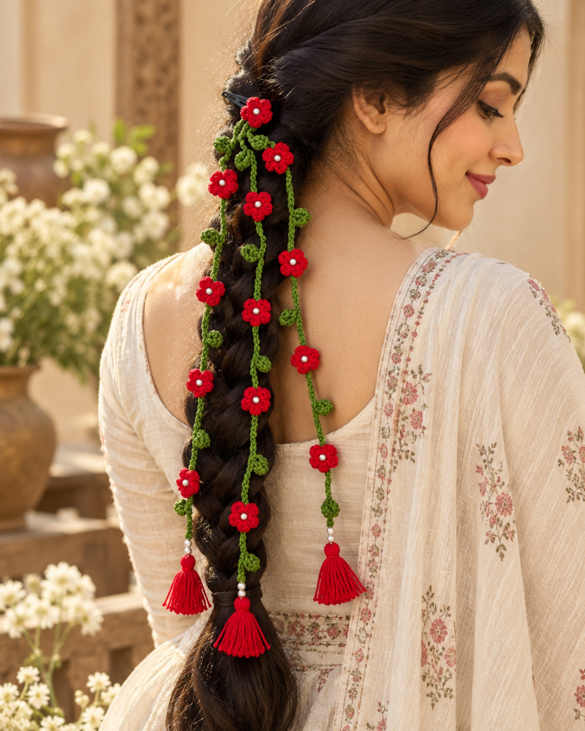 Handmade Crochet Floral Parandi Hair Clip – Red & Green