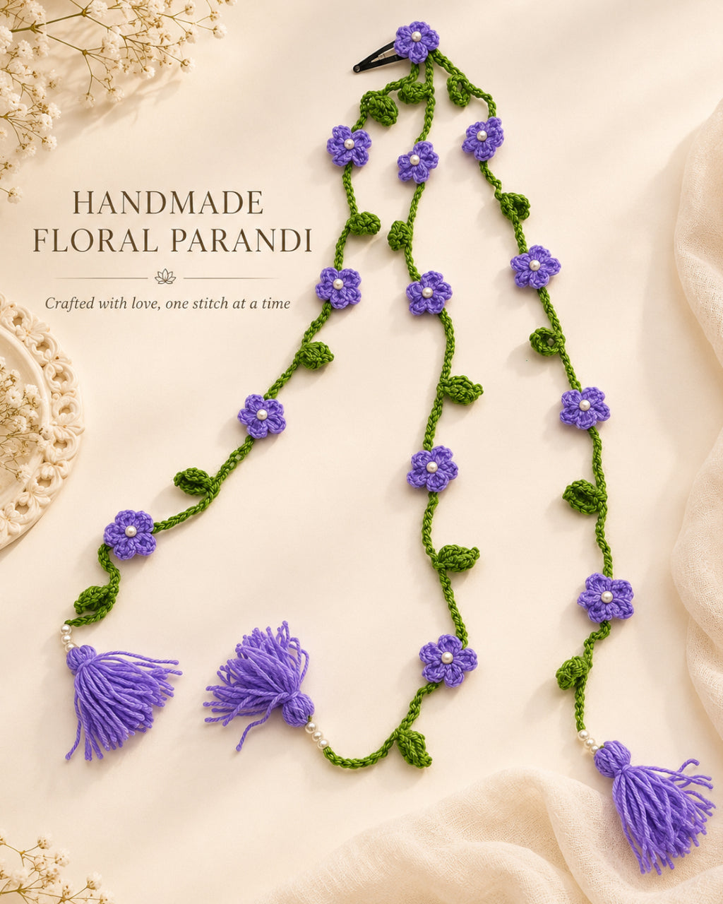 Handmade Crochet Floral Parandi Hair Clip – Lavender