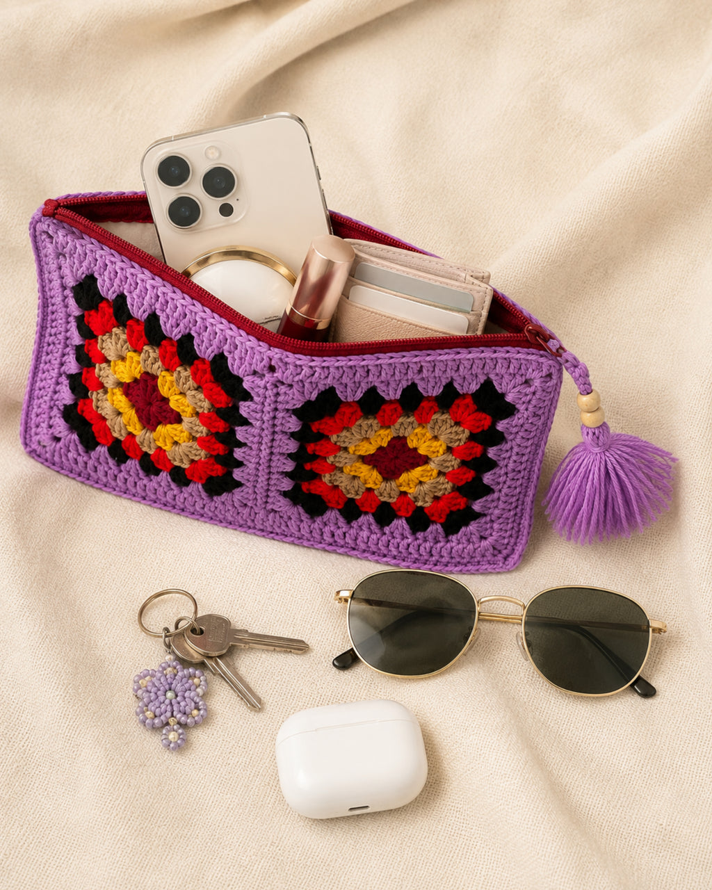 Handmade Purple Crochet Pouch – Colorful Granny Square