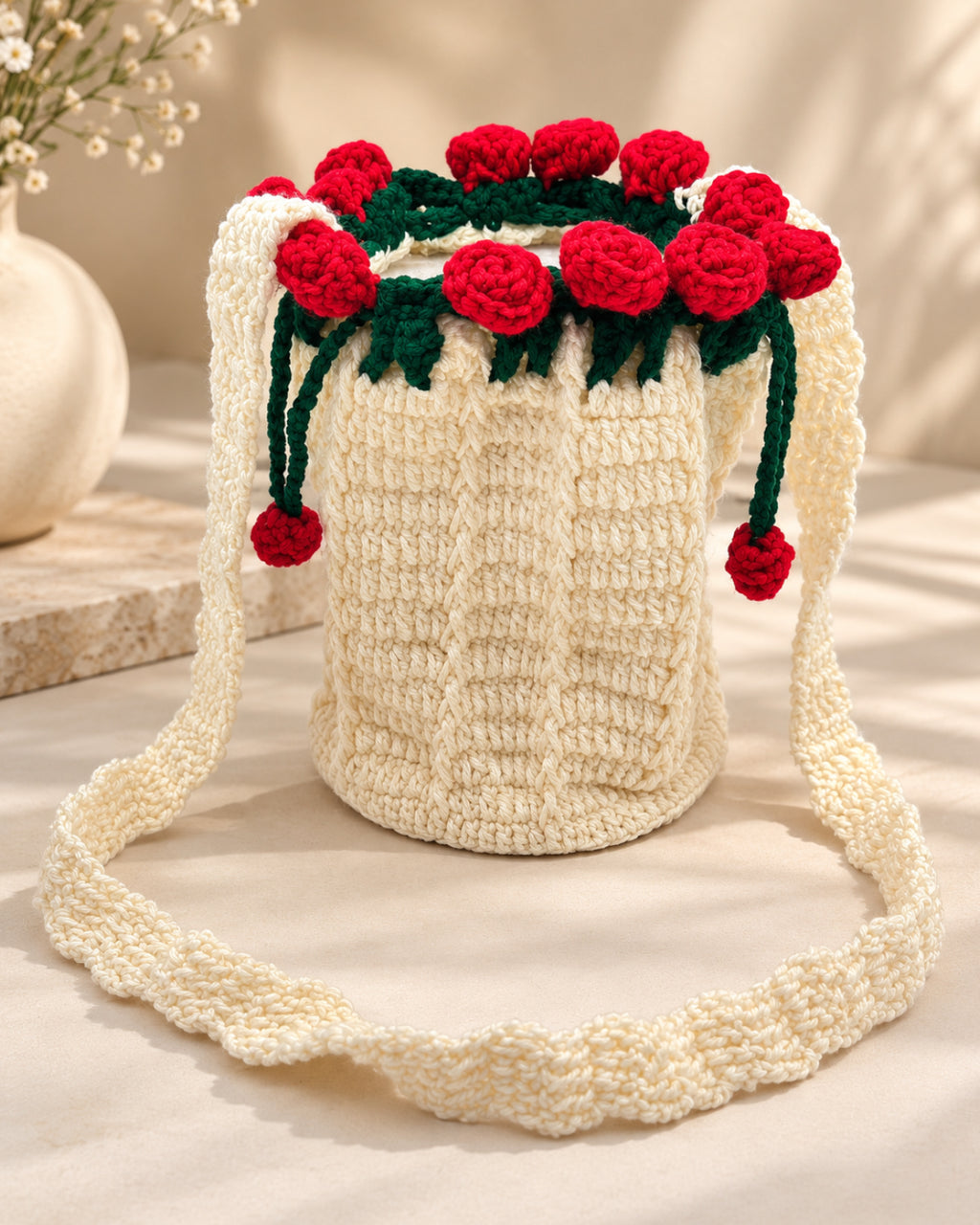 Blooming Roses Crochet Bucket Sling Bag – Cream