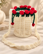Blooming Roses Crochet Bucket Sling Bag – Cream