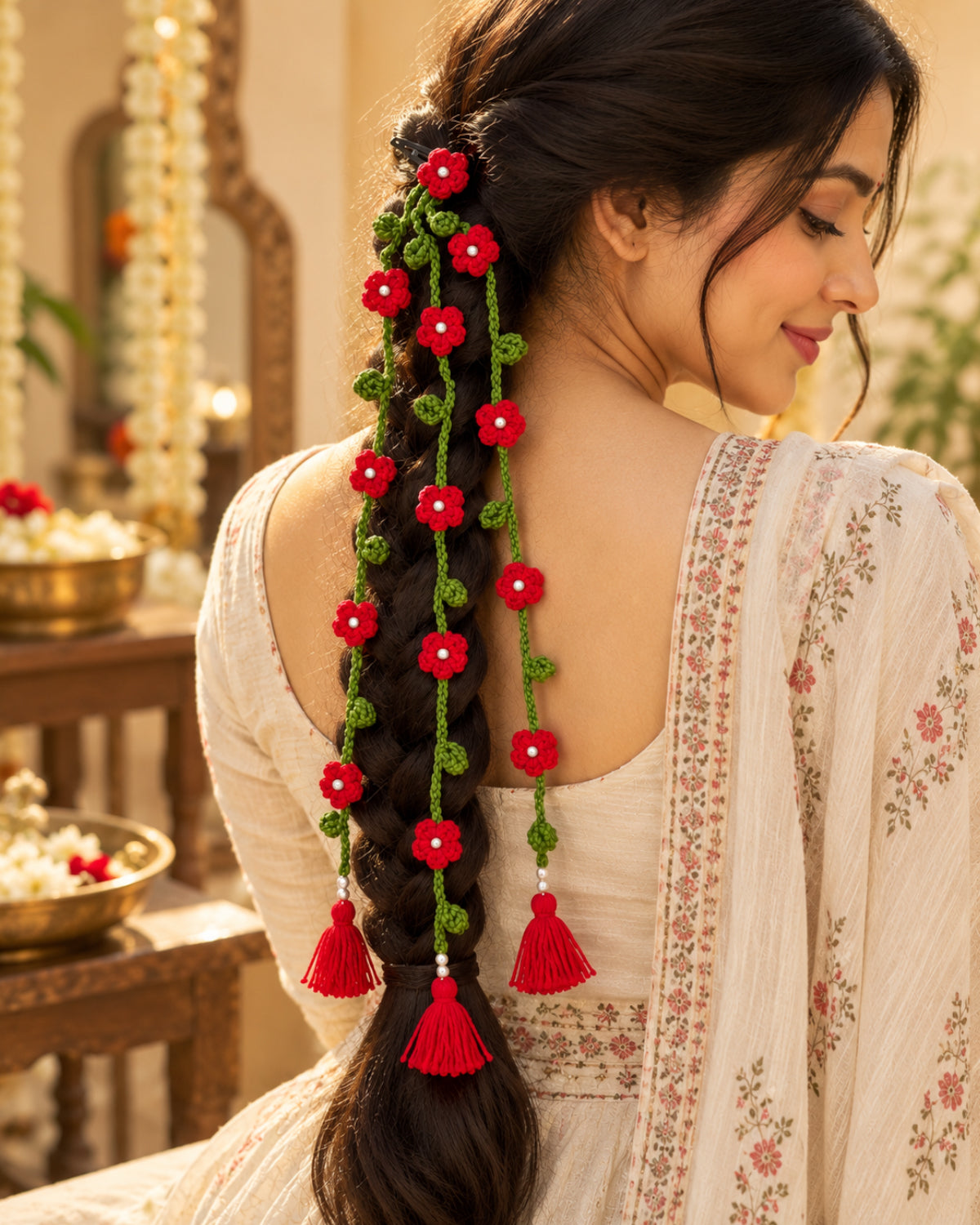 Handmade Crochet Floral Parandi Hair Clip – Red & Green
