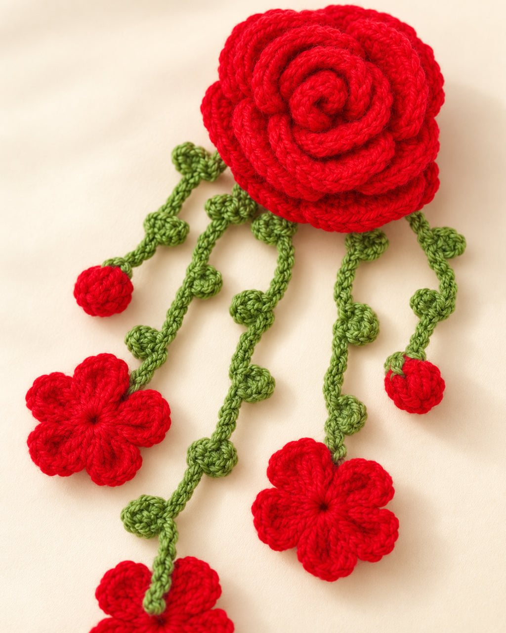 Handmade Crochet Hanging Hair Clip - Red Roses