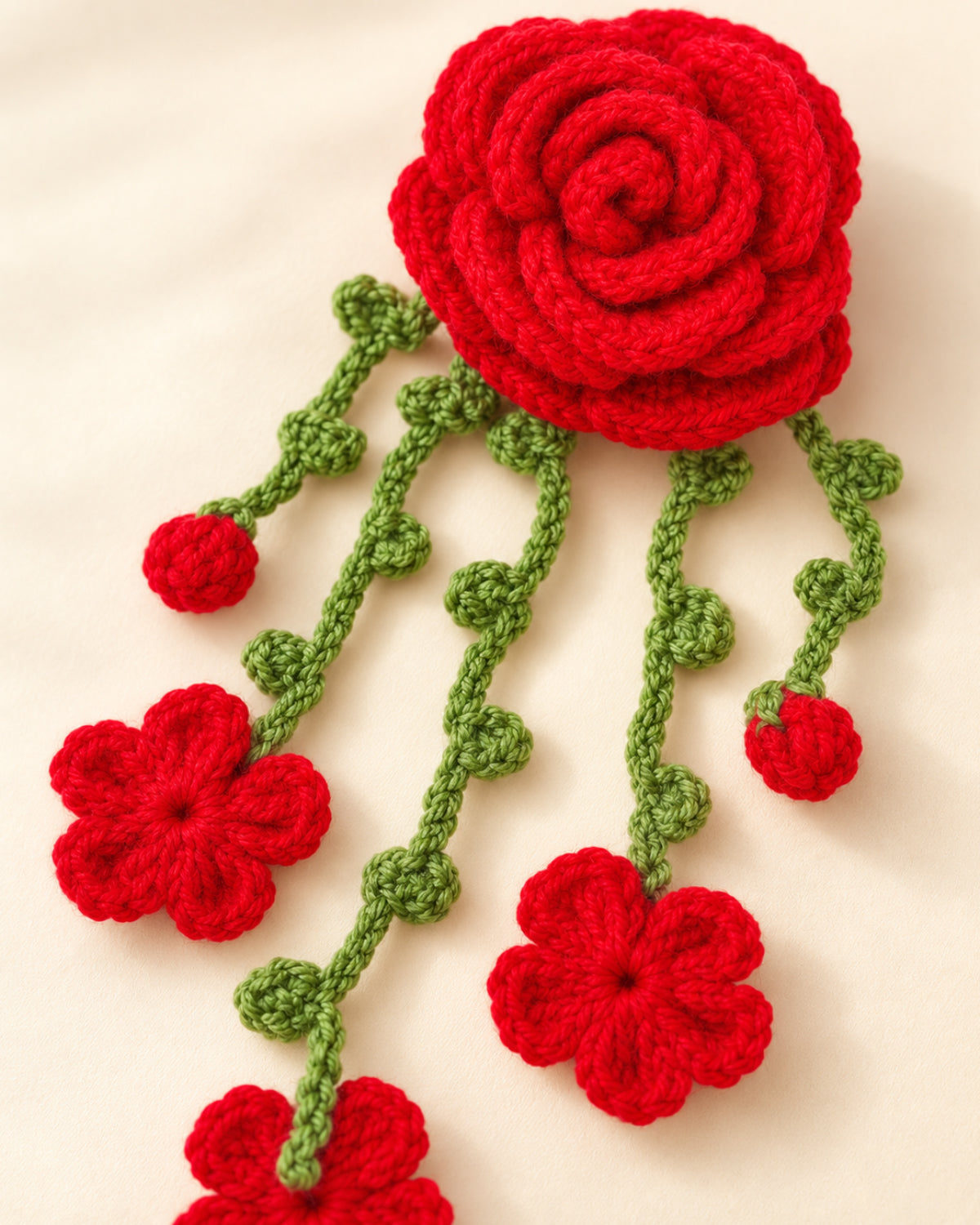 Handmade Crochet Hanging Hair Clip - Red Roses