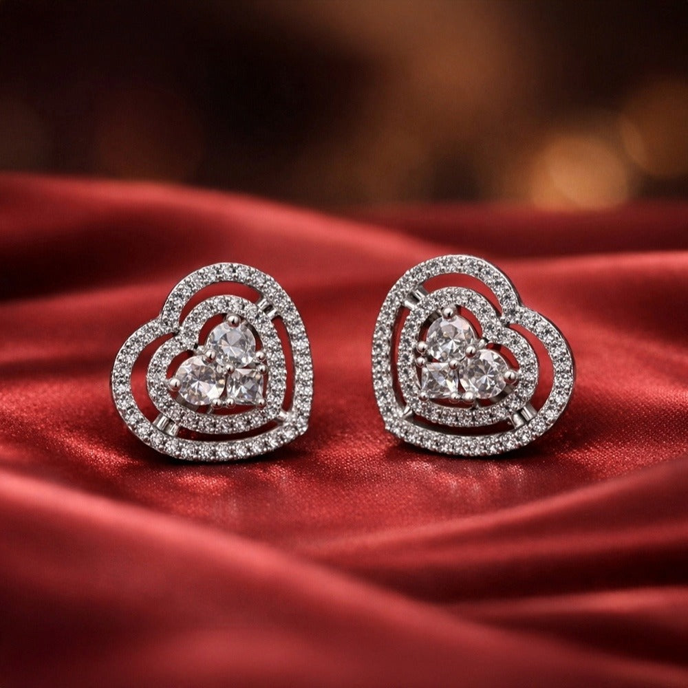 American Diamond Heart Stud Silver-Tone Earrings