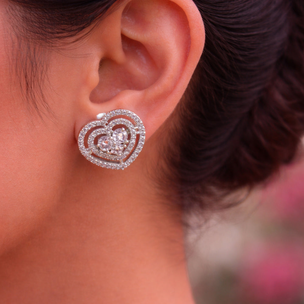 American Diamond Heart Stud Silver-Tone Earrings