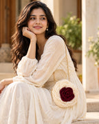 3D Rose Petal Crochet Handbag – Ivory & Burgundy