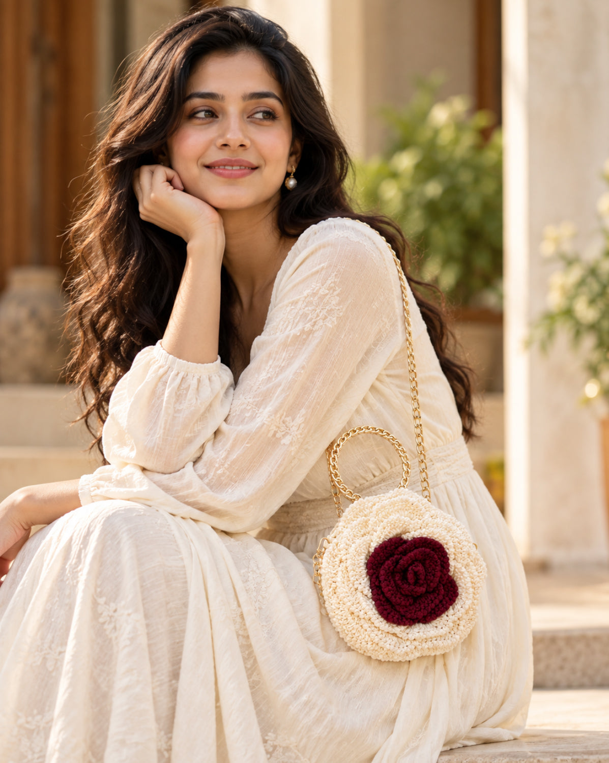 3D Rose Petal Crochet Handbag – Ivory & Burgundy