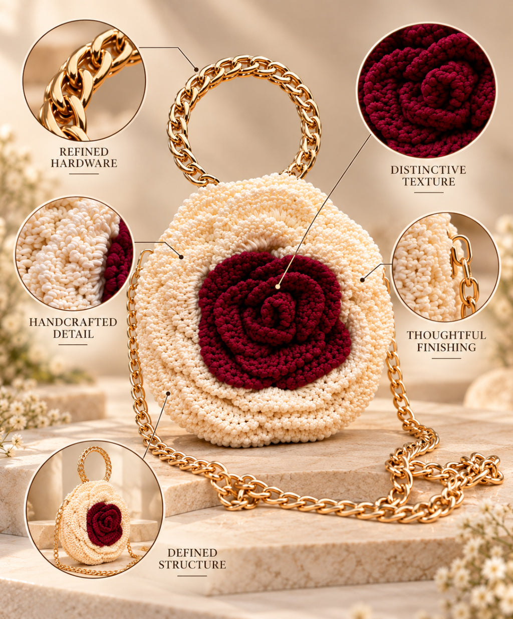 3D Rose Petal Crochet Handbag – Ivory & Burgundy