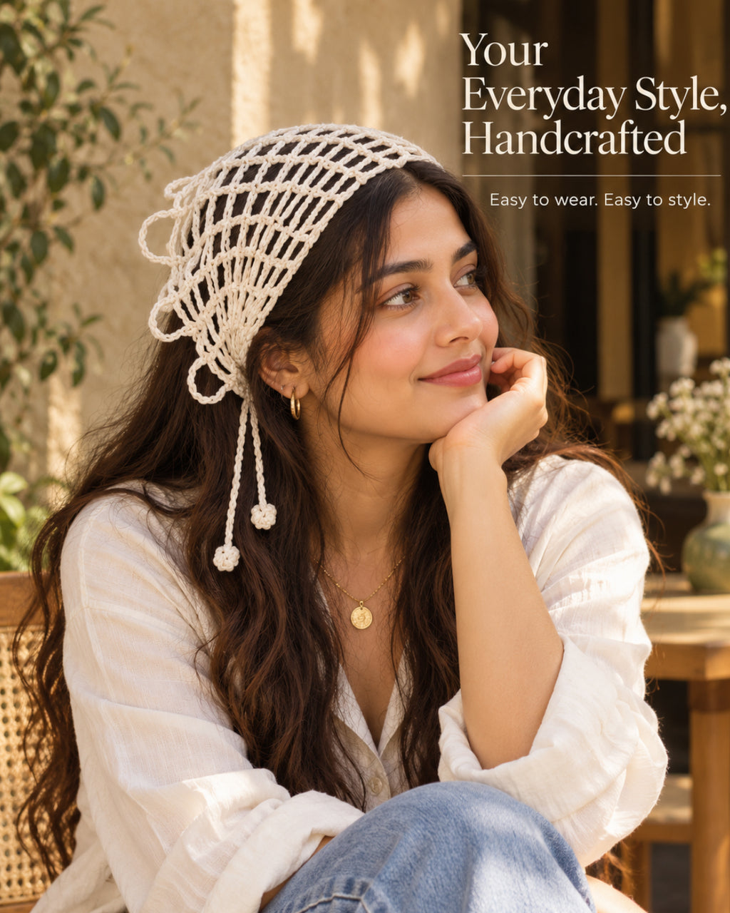 White Spider Web Crochet Bandana – Handmade Hair Scarf