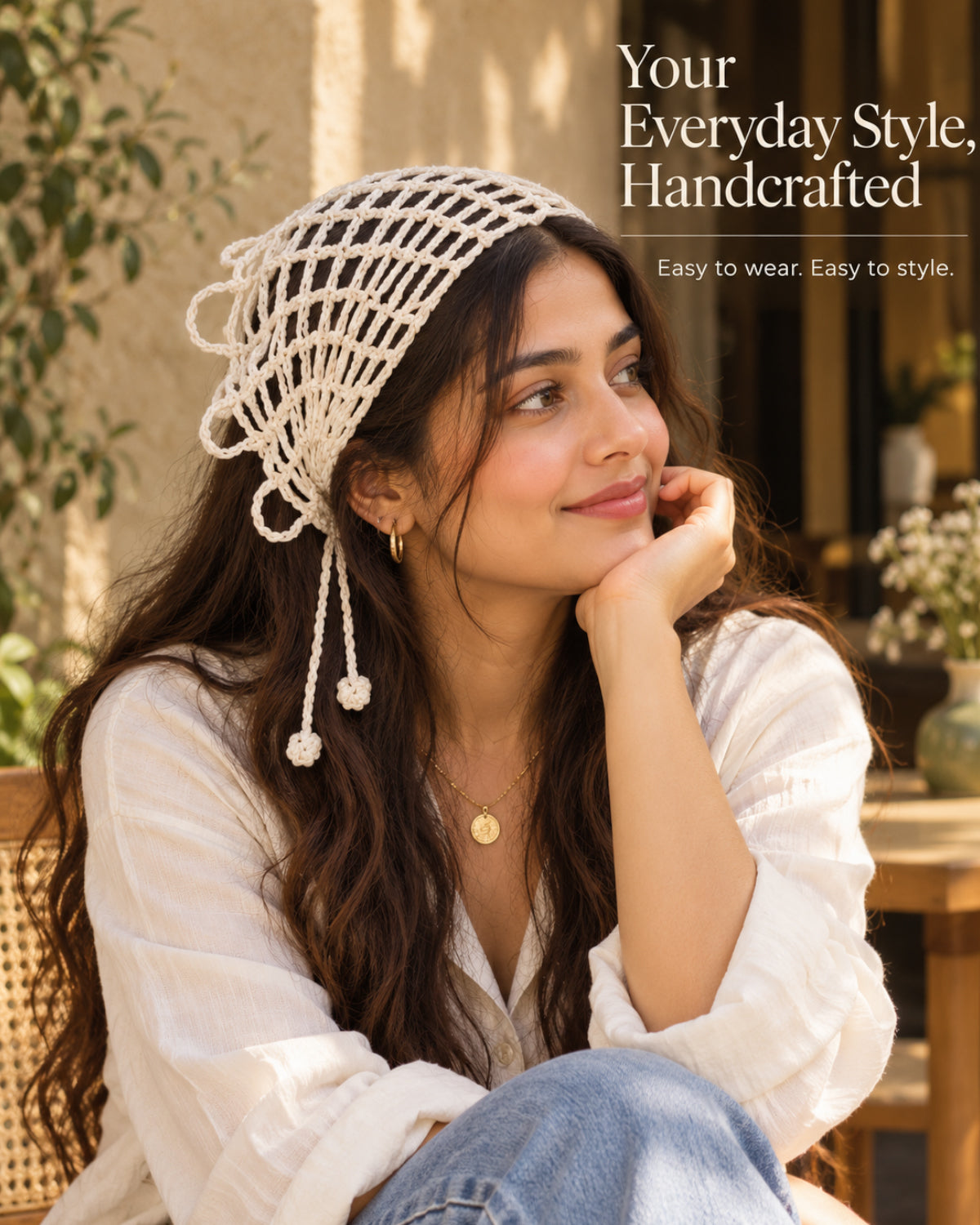 White Spider Web Crochet Bandana – Handmade Hair Scarf