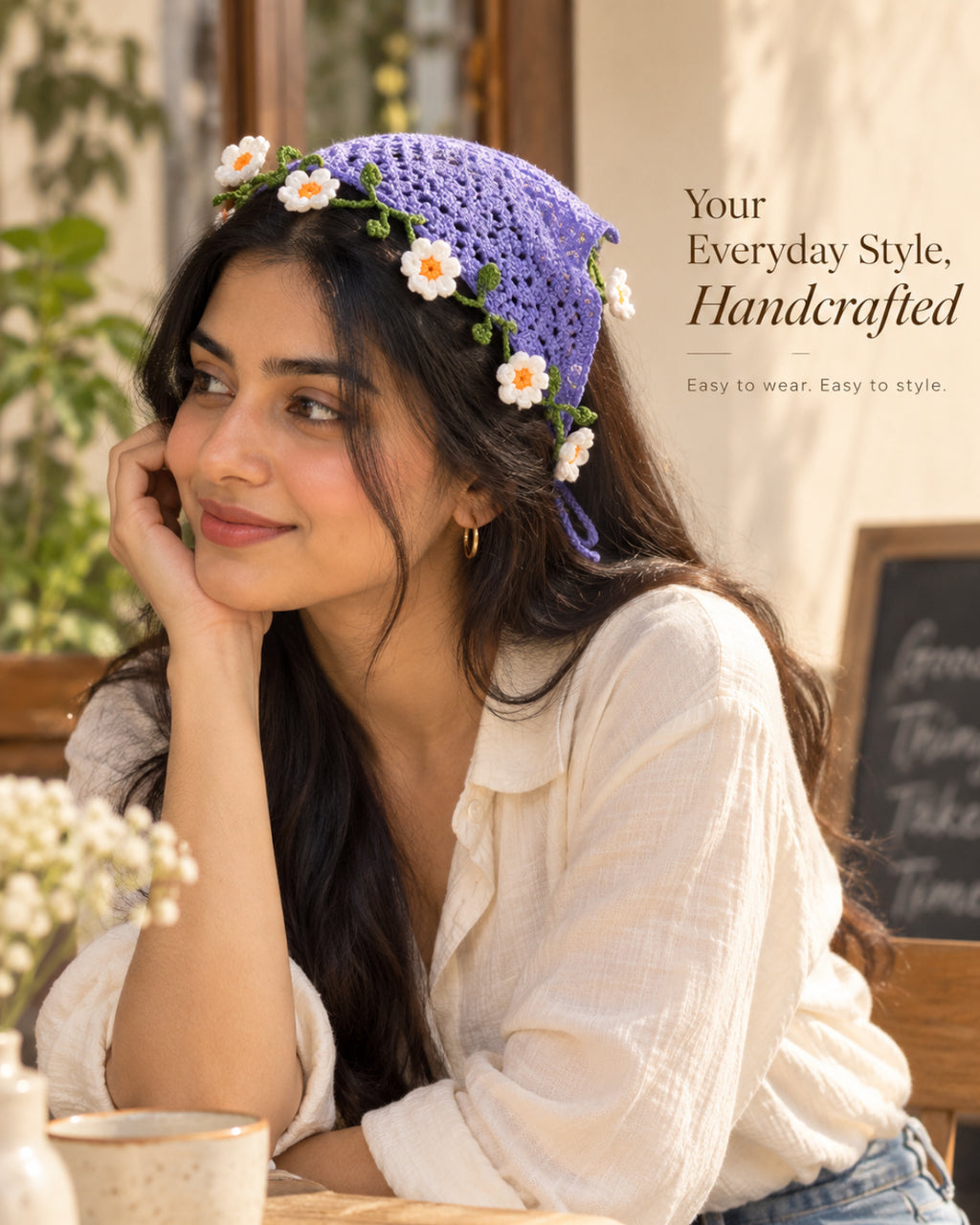Lavender Daisy Crochet Bandana – Handcrafted Floral Head Scarf