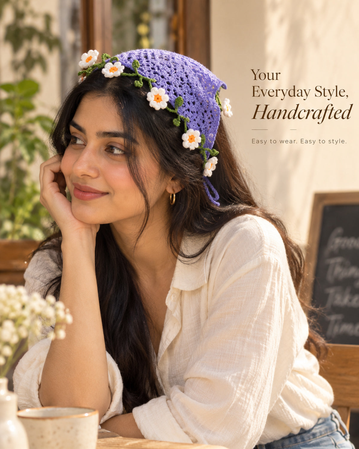 Lavender Daisy Crochet Bandana – Handcrafted Floral Head Scarf