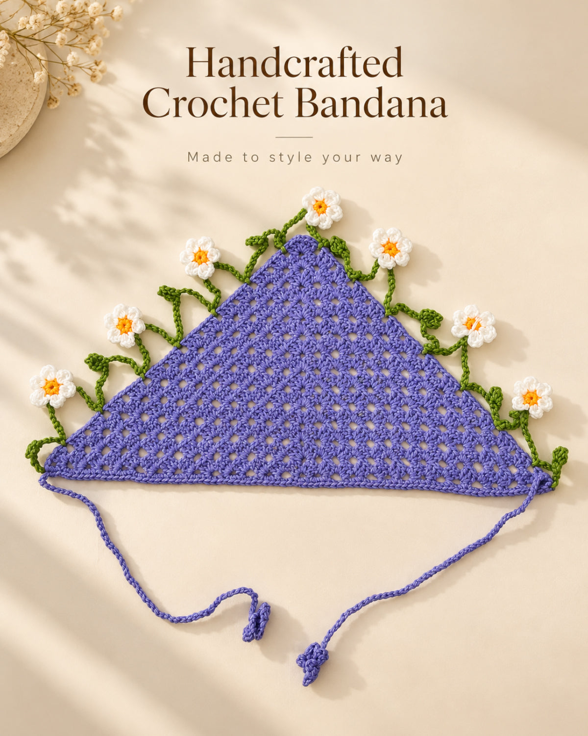 Lavender Daisy Crochet Bandana – Handcrafted Floral Head Scarf