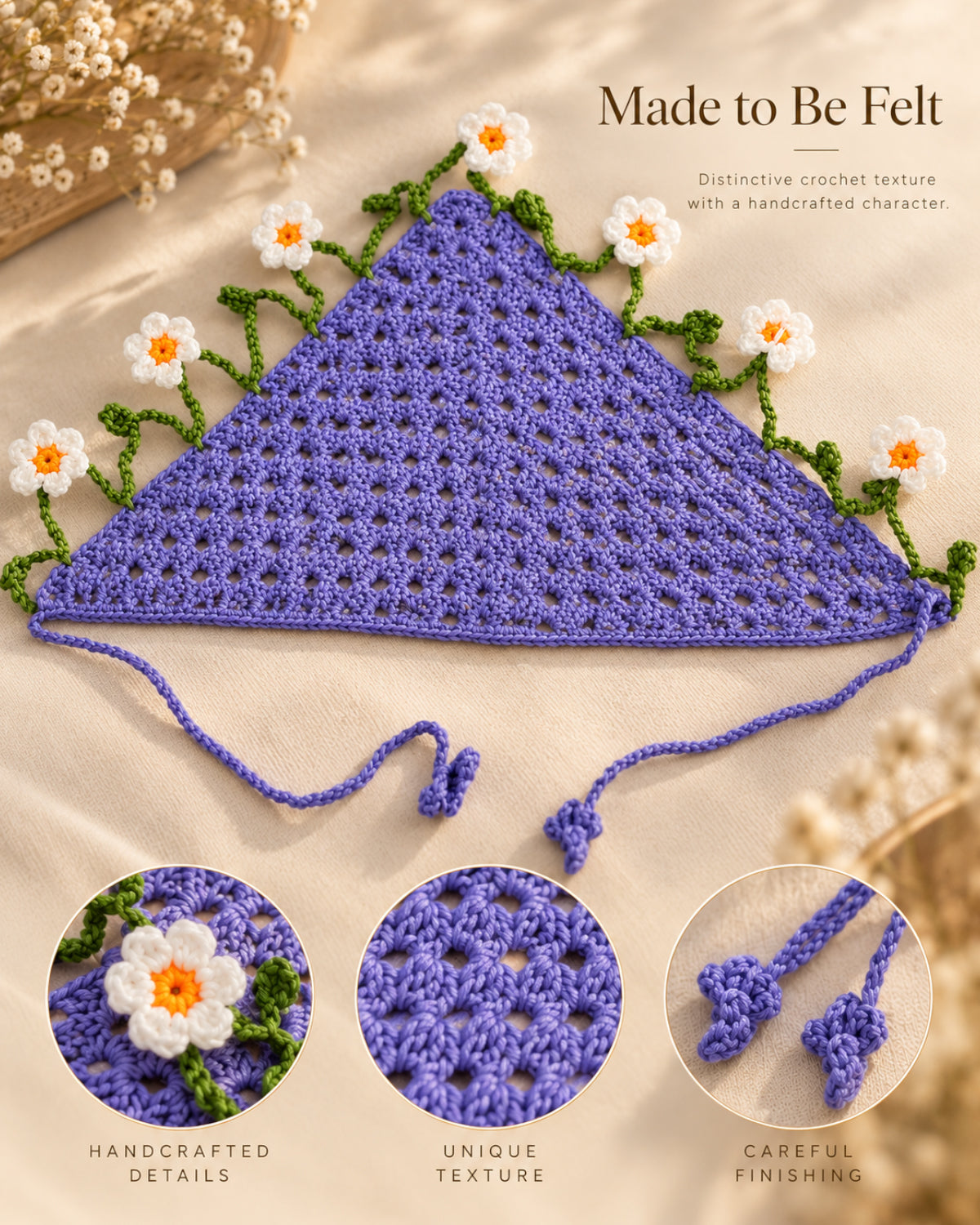 Lavender Daisy Crochet Bandana – Handcrafted Floral Head Scarf