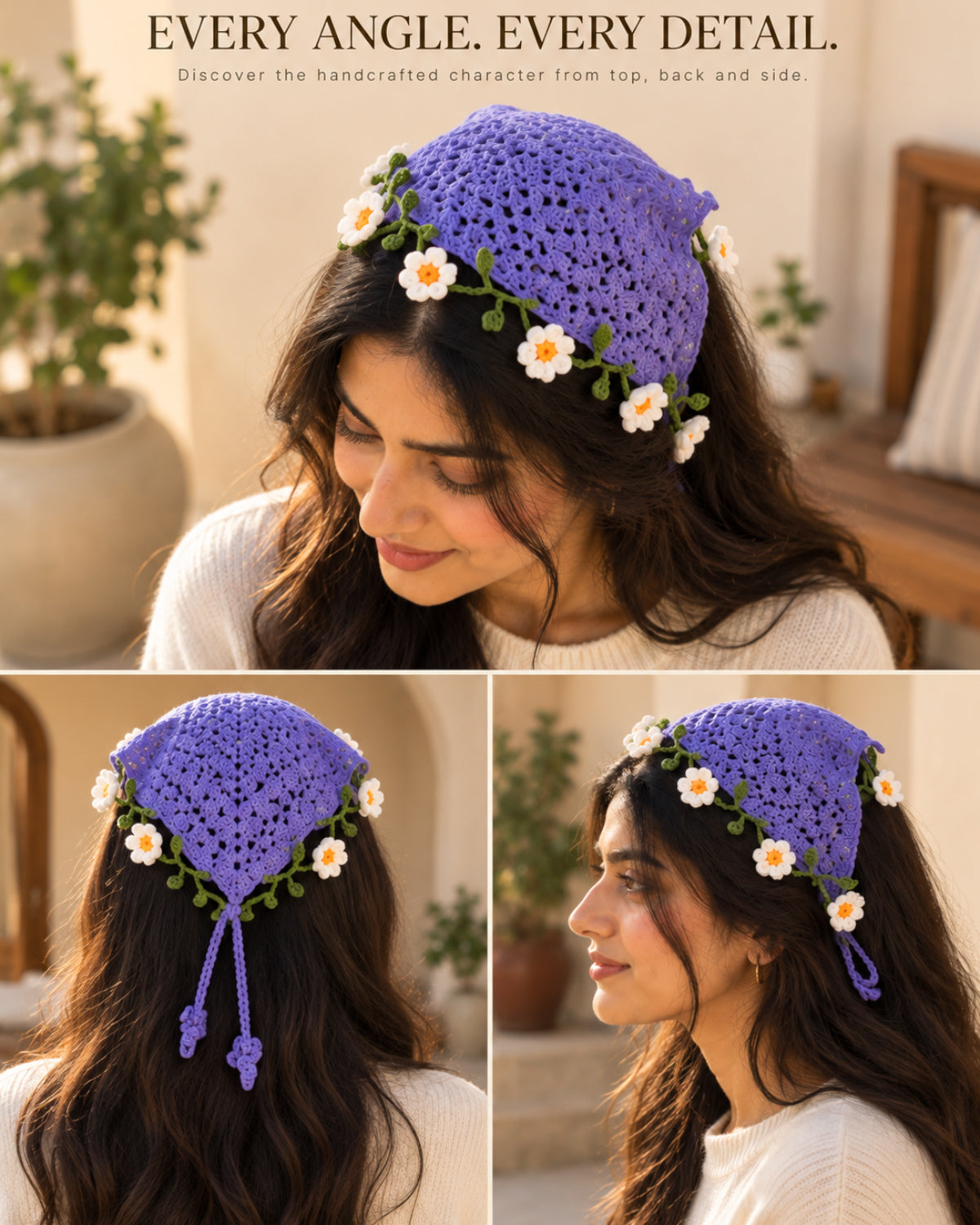 Lavender Daisy Crochet Bandana – Handcrafted Floral Head Scarf
