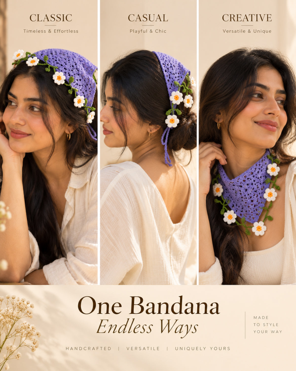 Lavender Daisy Crochet Bandana – Handcrafted Floral Head Scarf
