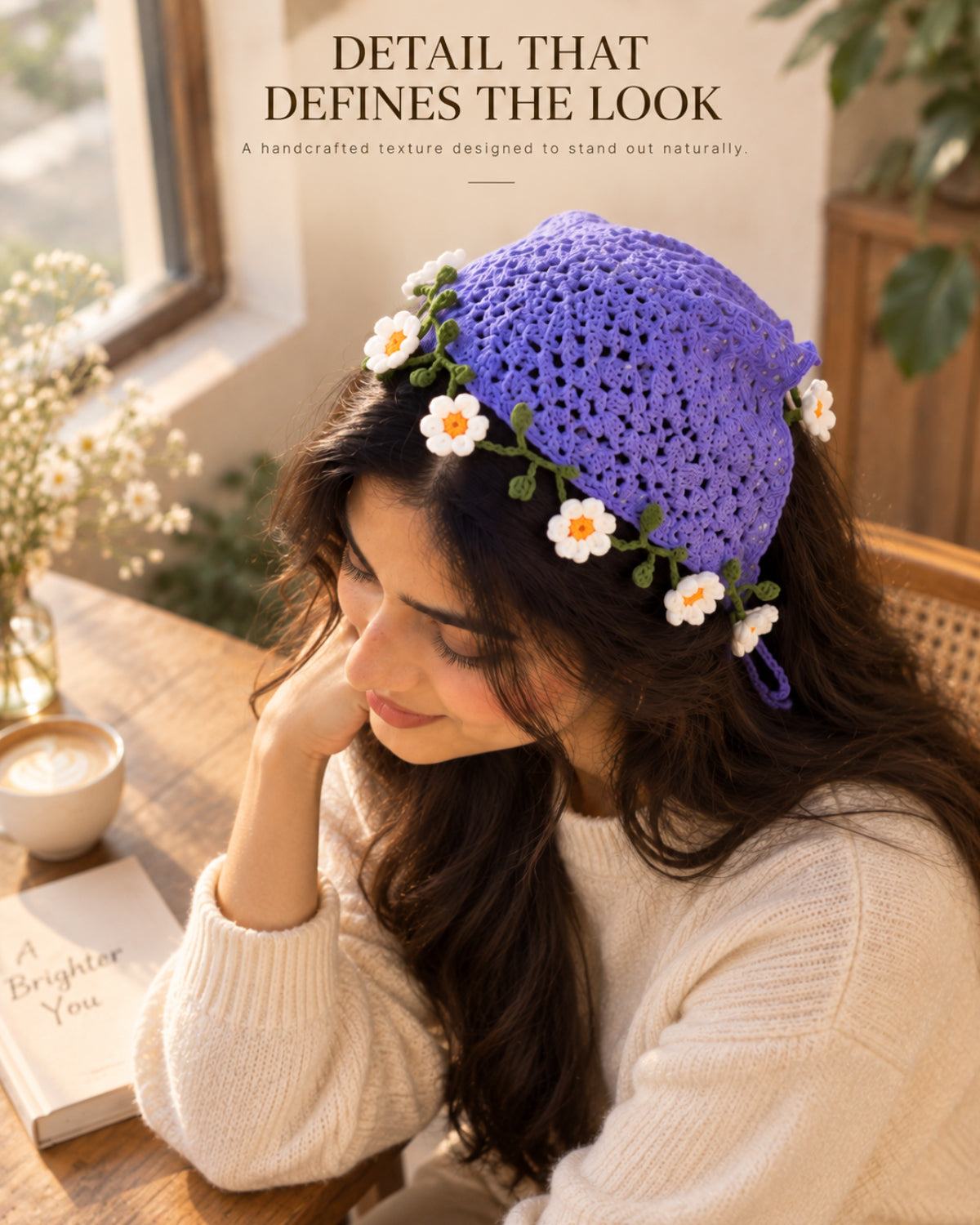 Lavender Daisy Crochet Bandana – Handcrafted Floral Head Scarf