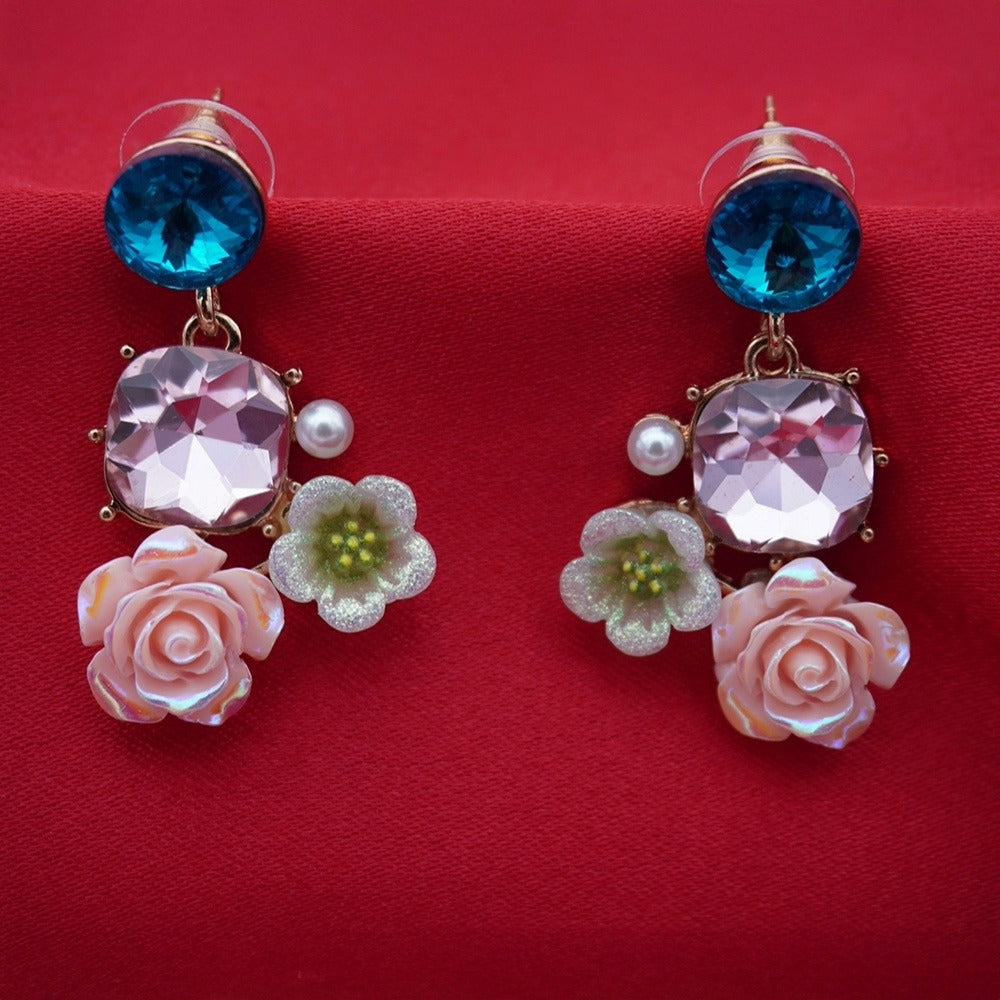 Enamel Floral Earrings with Blue Crystal Drops | Rose & Pearl Collection