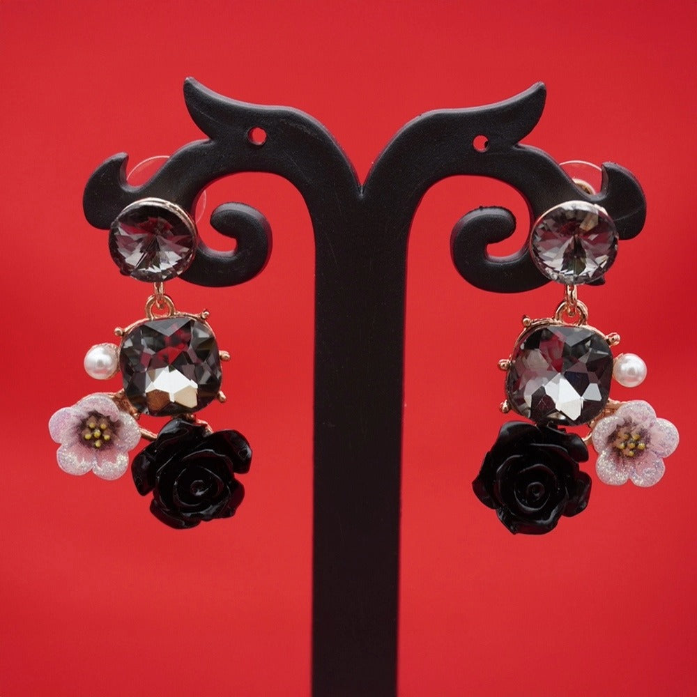 Enamel Floral Earrings - Black Rose Drops