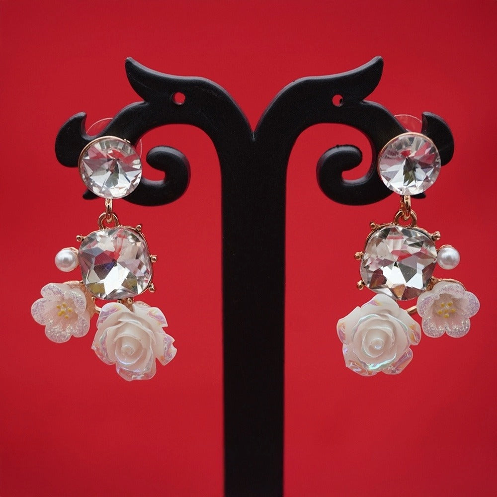 Enamel Floral Earrings - Rose & Pearl Drops