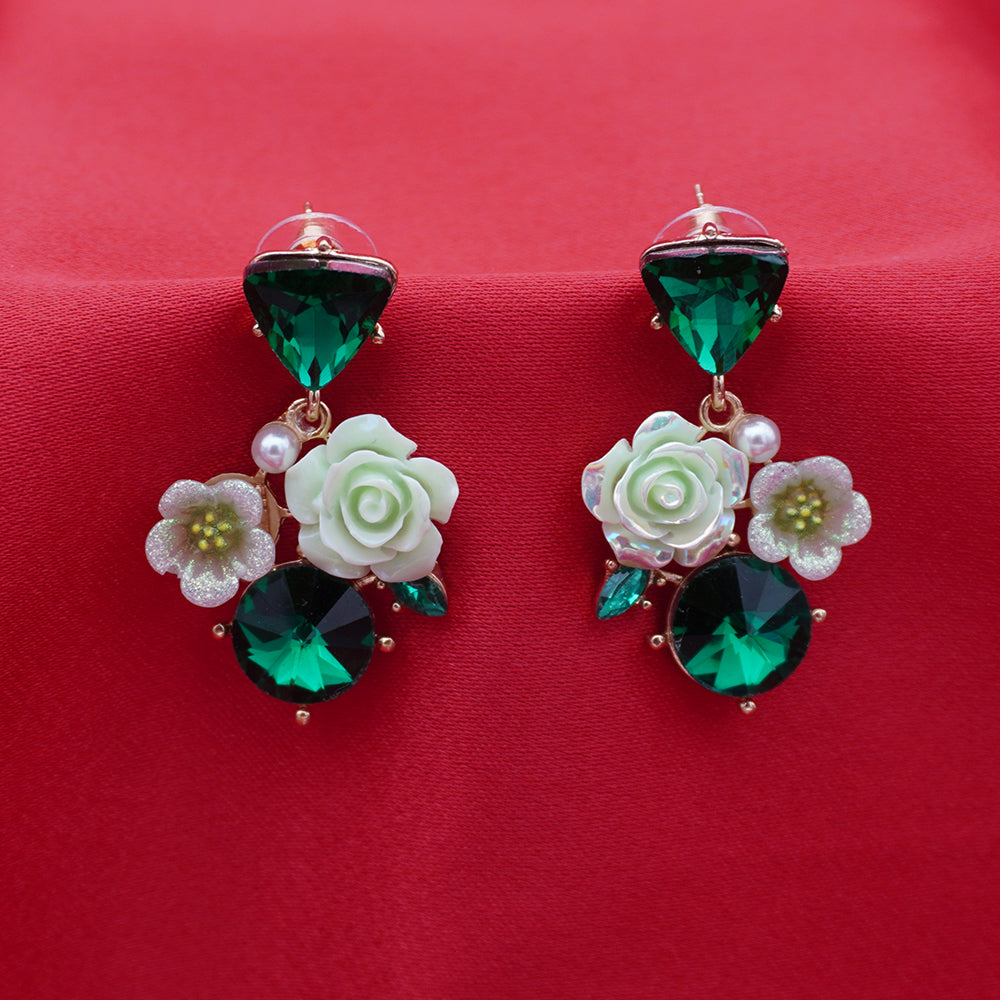 Enamel Floral Earrings – Emerald Crystal Drops