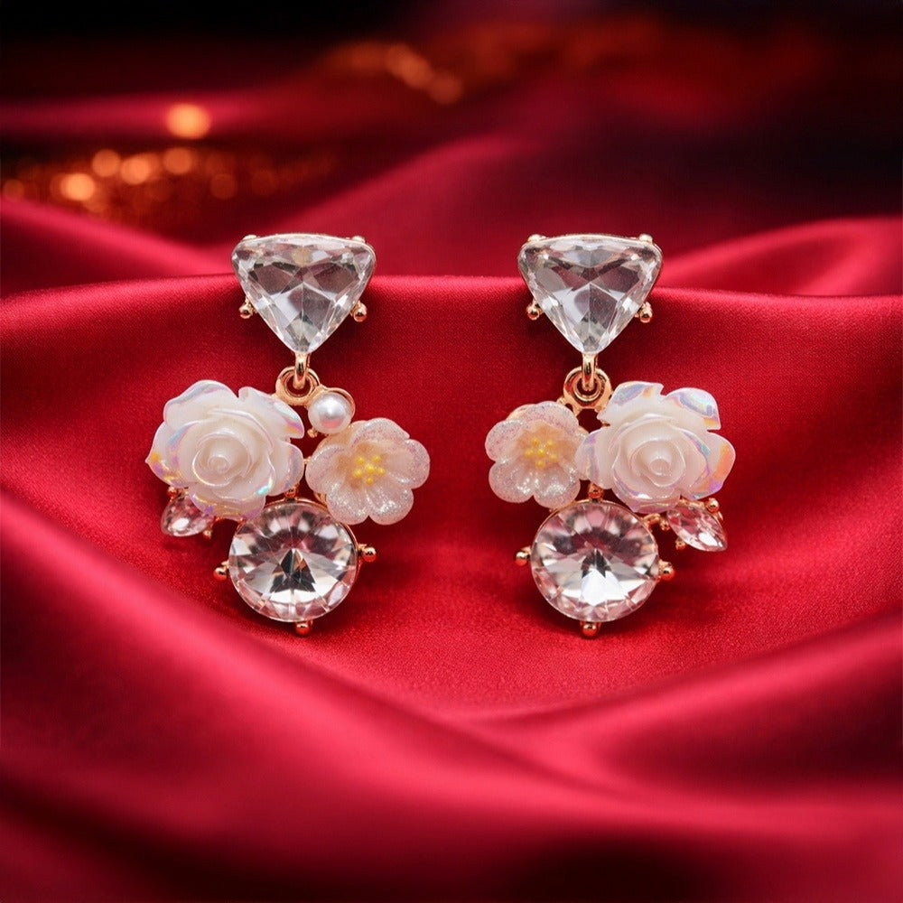 Enamel Floral Earrings - Gold Rose & Pearl | Rose & Pearl Collection