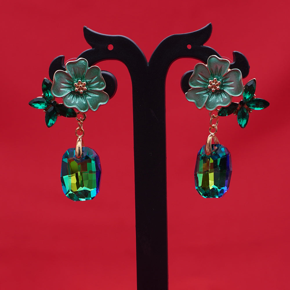Enamel Floral Earrings – Lightweight Green Crystal Drop