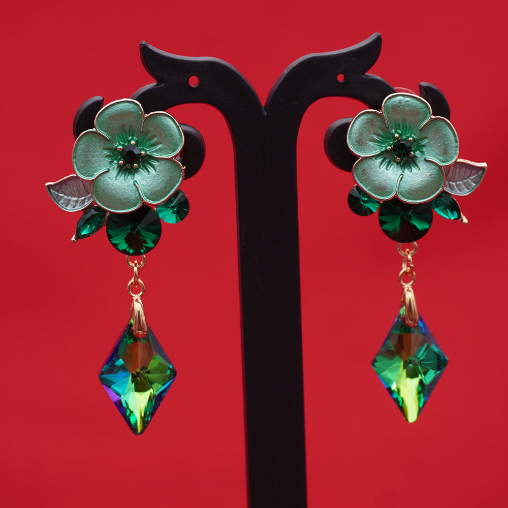 Enamel Floral Earrings - Emerald Crystal Drops Statement Earring
