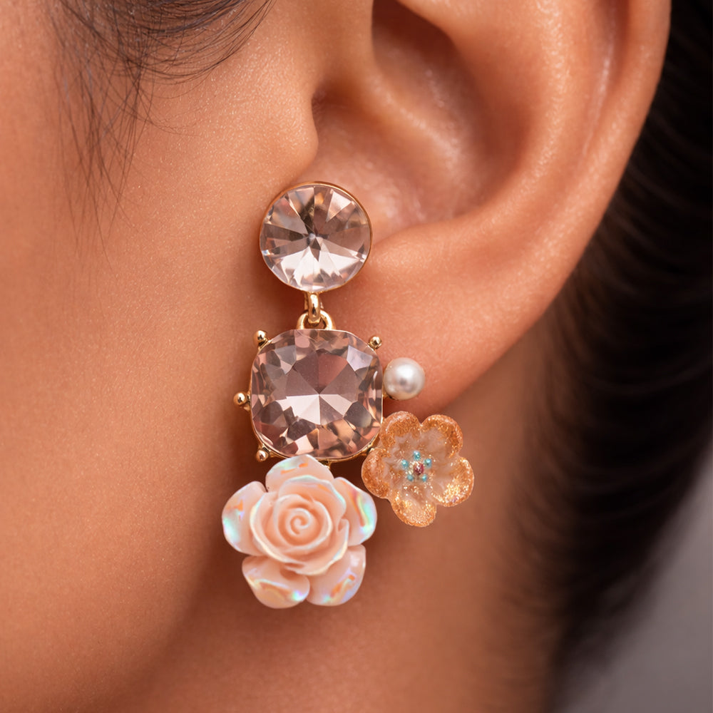 Enamel Floral Earrings - Blush Crystal Drop | Rose & Pearl Collection