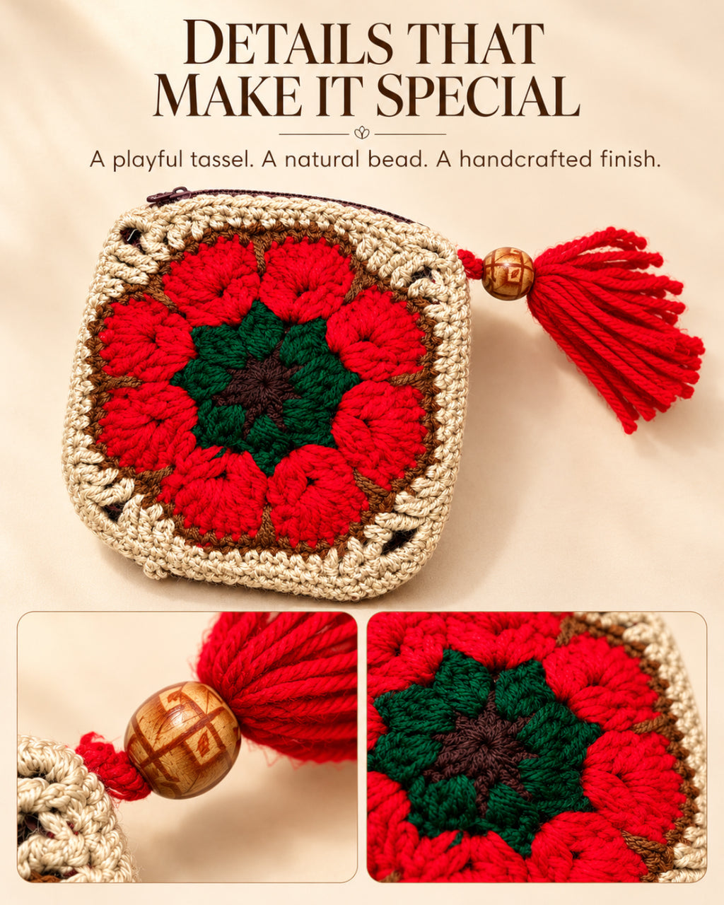 African Flower Mini Crochet Pouch with Tassel | Handmade Floral Zipper Mini Purse