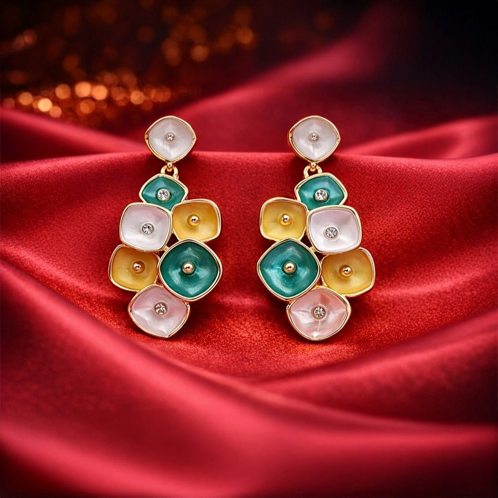 Enamel Floral Earrings - Multi-Petal Colorful Drops