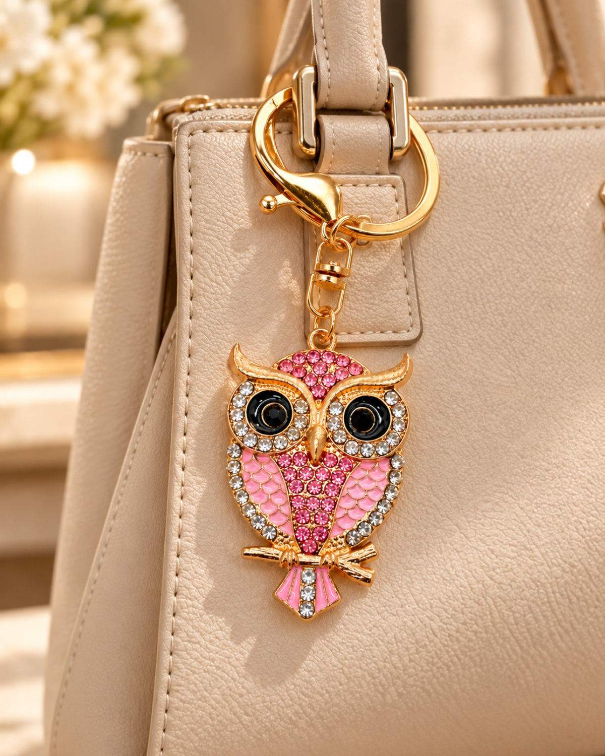 Crystal Owl Rhinestone Keychain – Pink