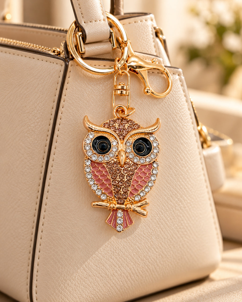 Crystal Owl Rhinestone Keychain – Rose Gold