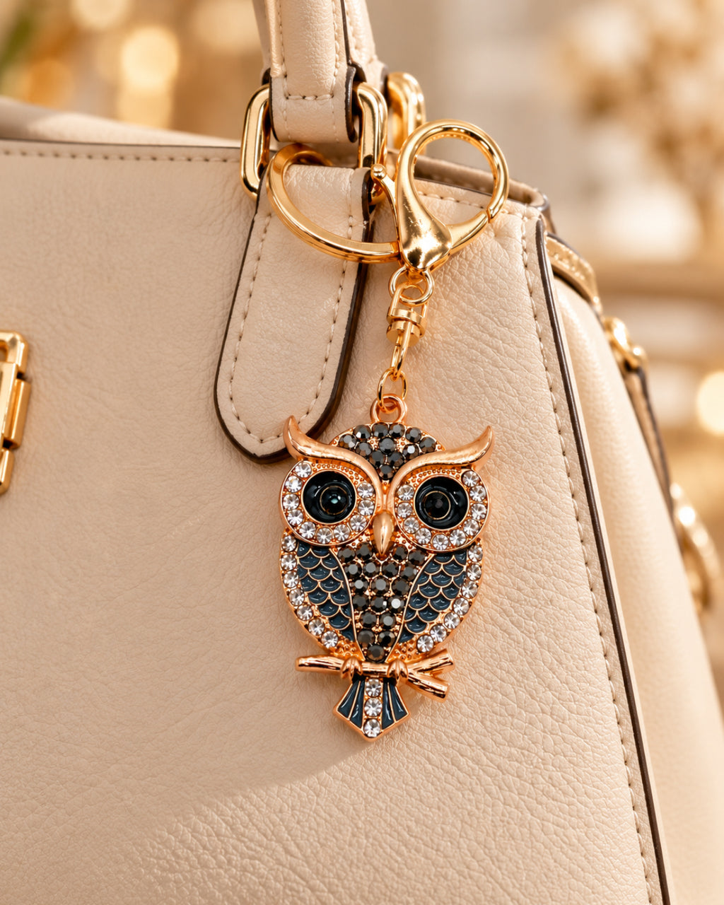 Crystal Owl Rhinestone Keychain – Black