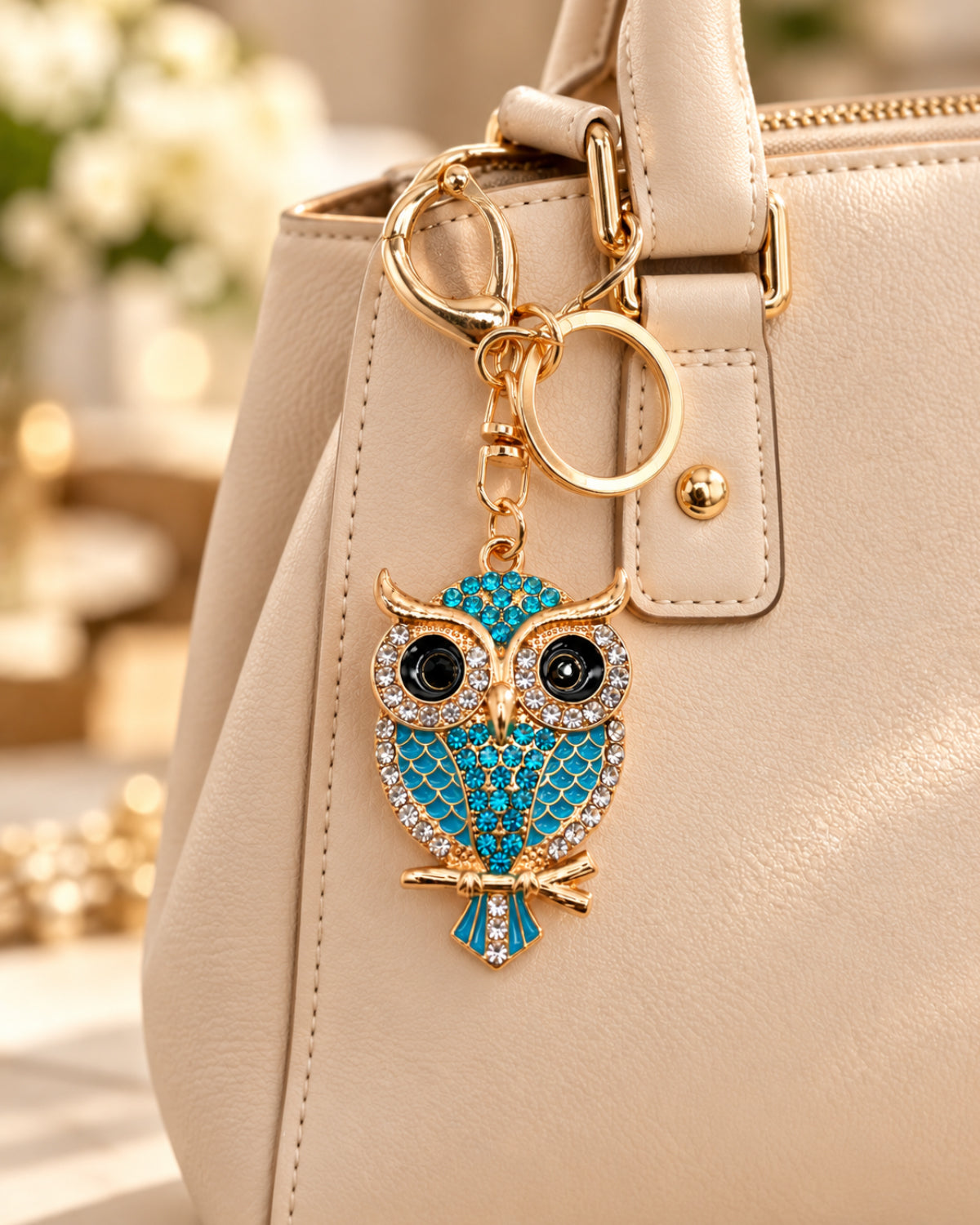 Crystal Owl Rhinestone Keychain – Turquoise