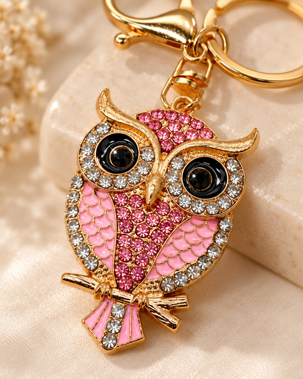 Crystal Owl Rhinestone Keychain – Pink