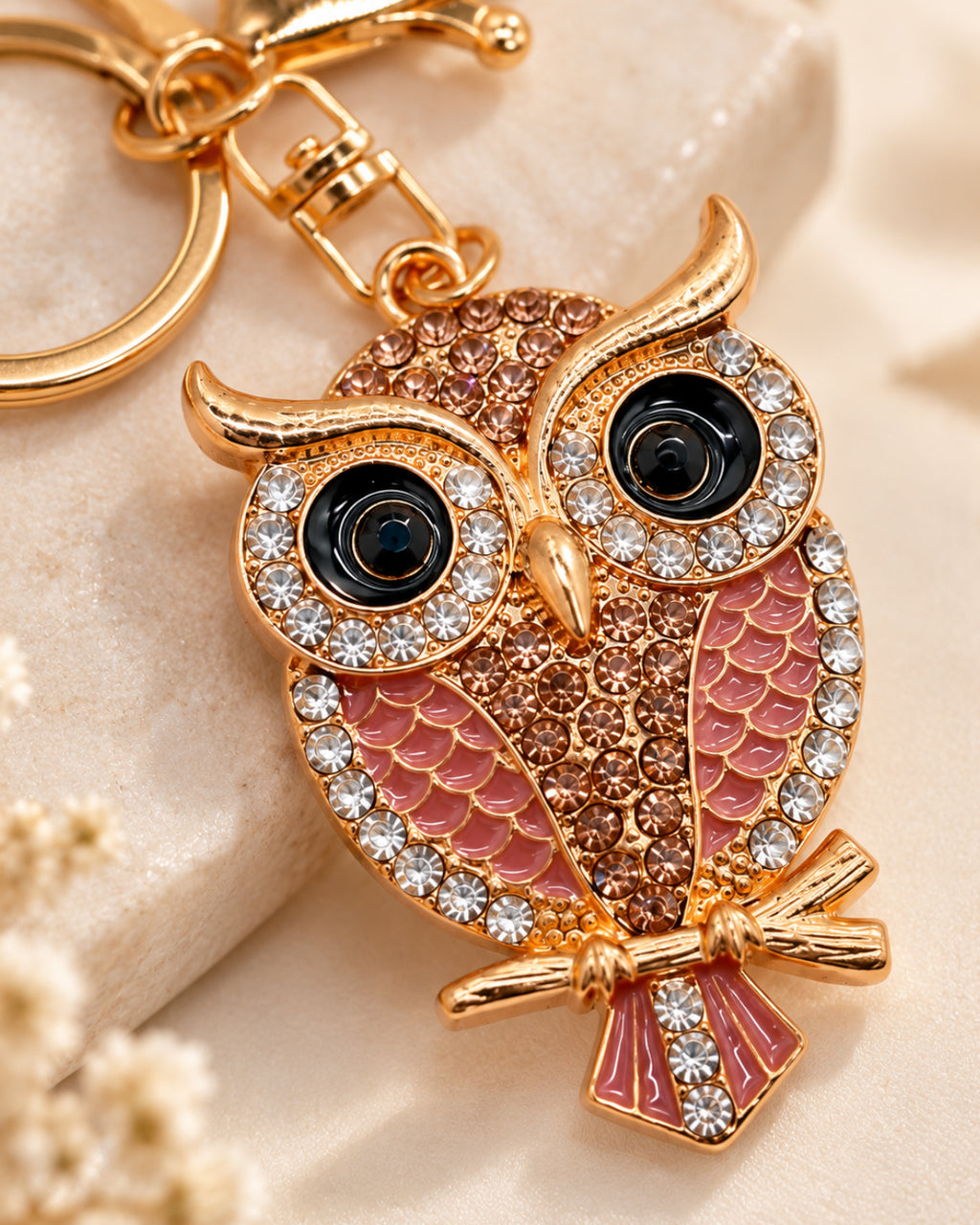 Crystal Owl Rhinestone Keychain – Rose Gold