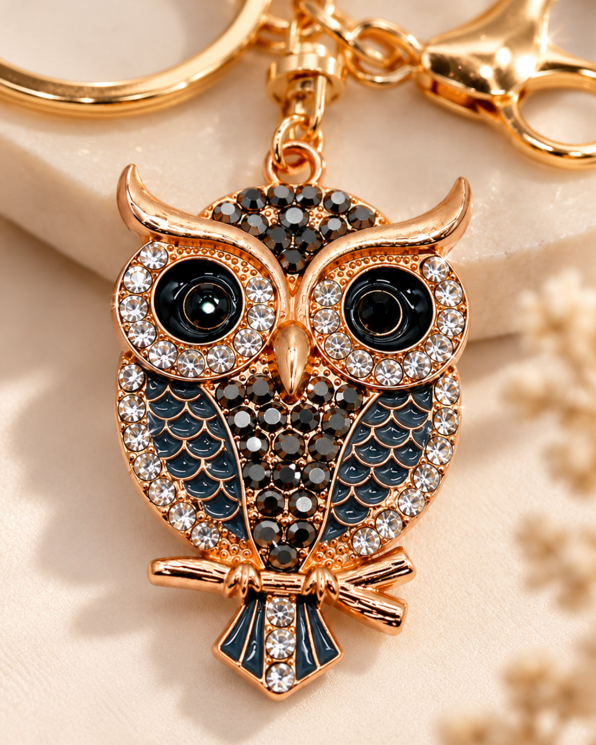 Crystal Owl Rhinestone Keychain – Black