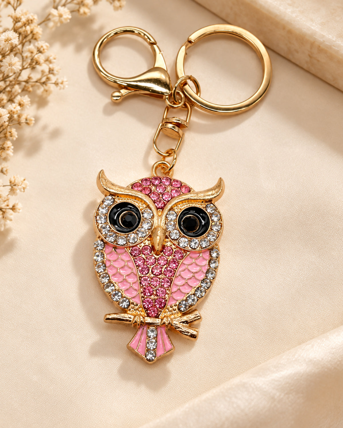 Crystal Owl Rhinestone Keychain – Pink