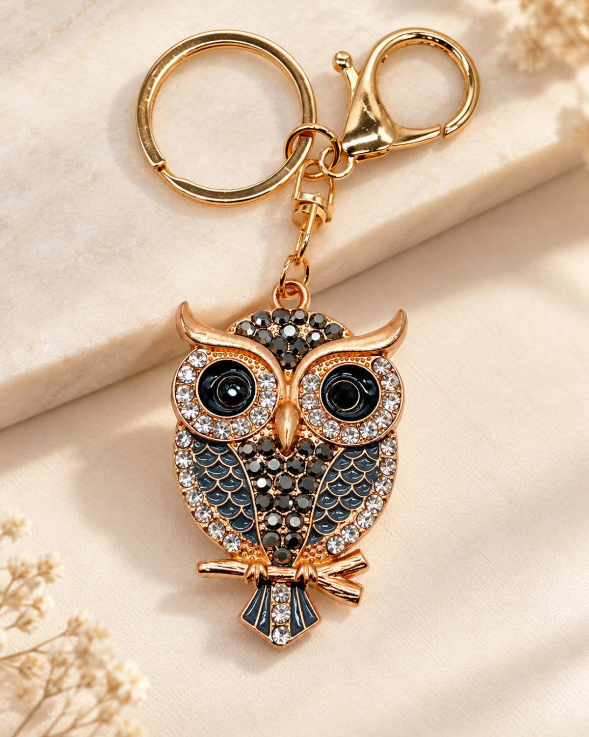 Crystal Owl Rhinestone Keychain – Black