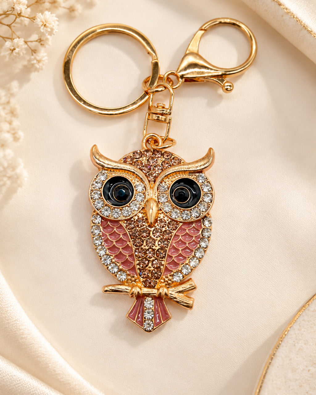 Crystal Owl Rhinestone Keychain – Rose Gold