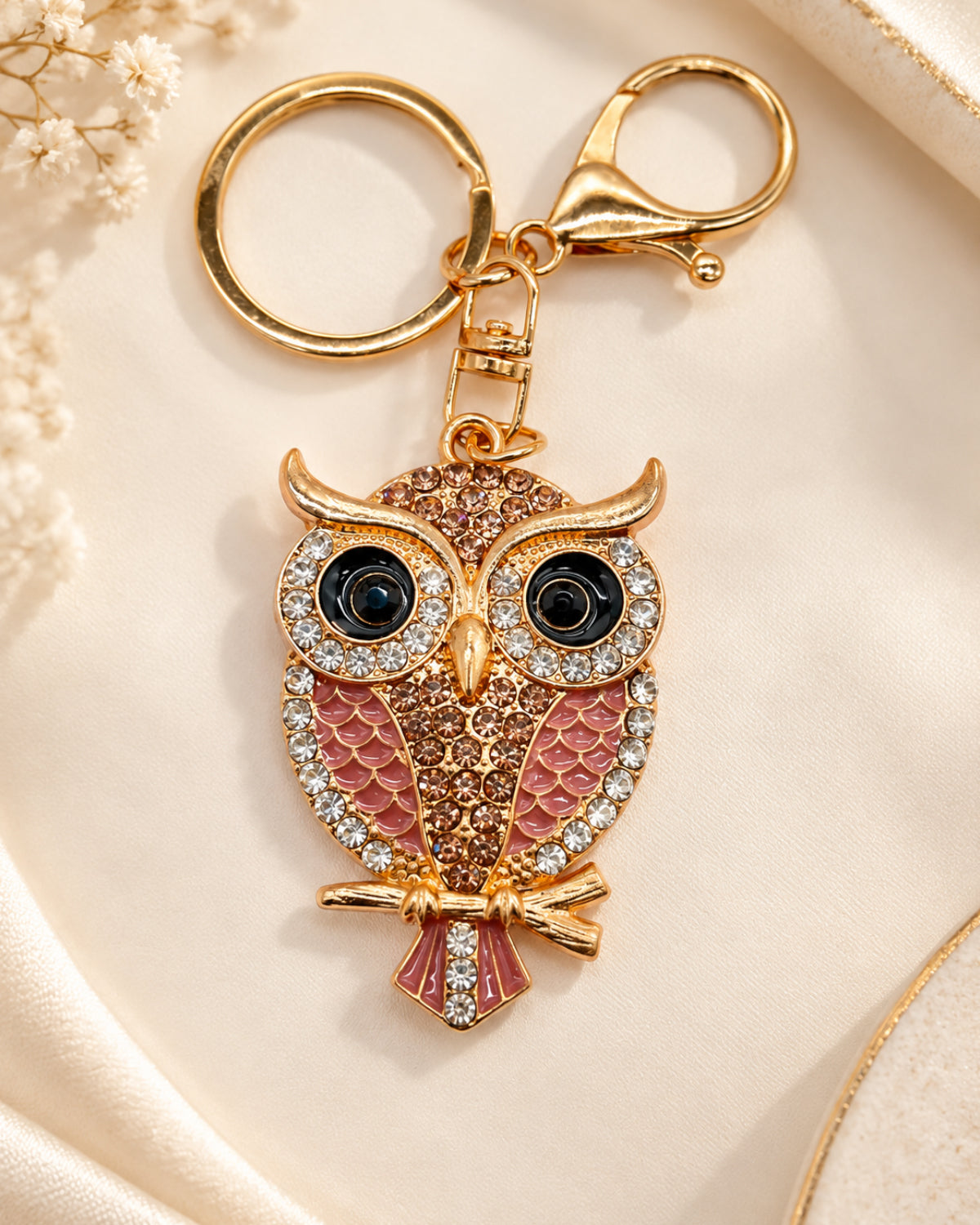 Crystal Owl Rhinestone Keychain – Rose Gold
