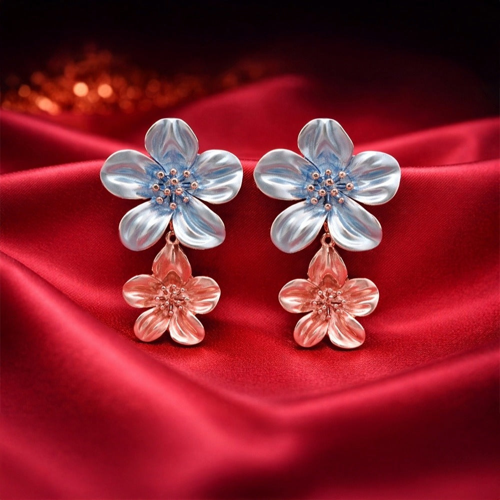 Pastel Double Floral Drop Earrings - Blue & Coral Translucent Blossom
